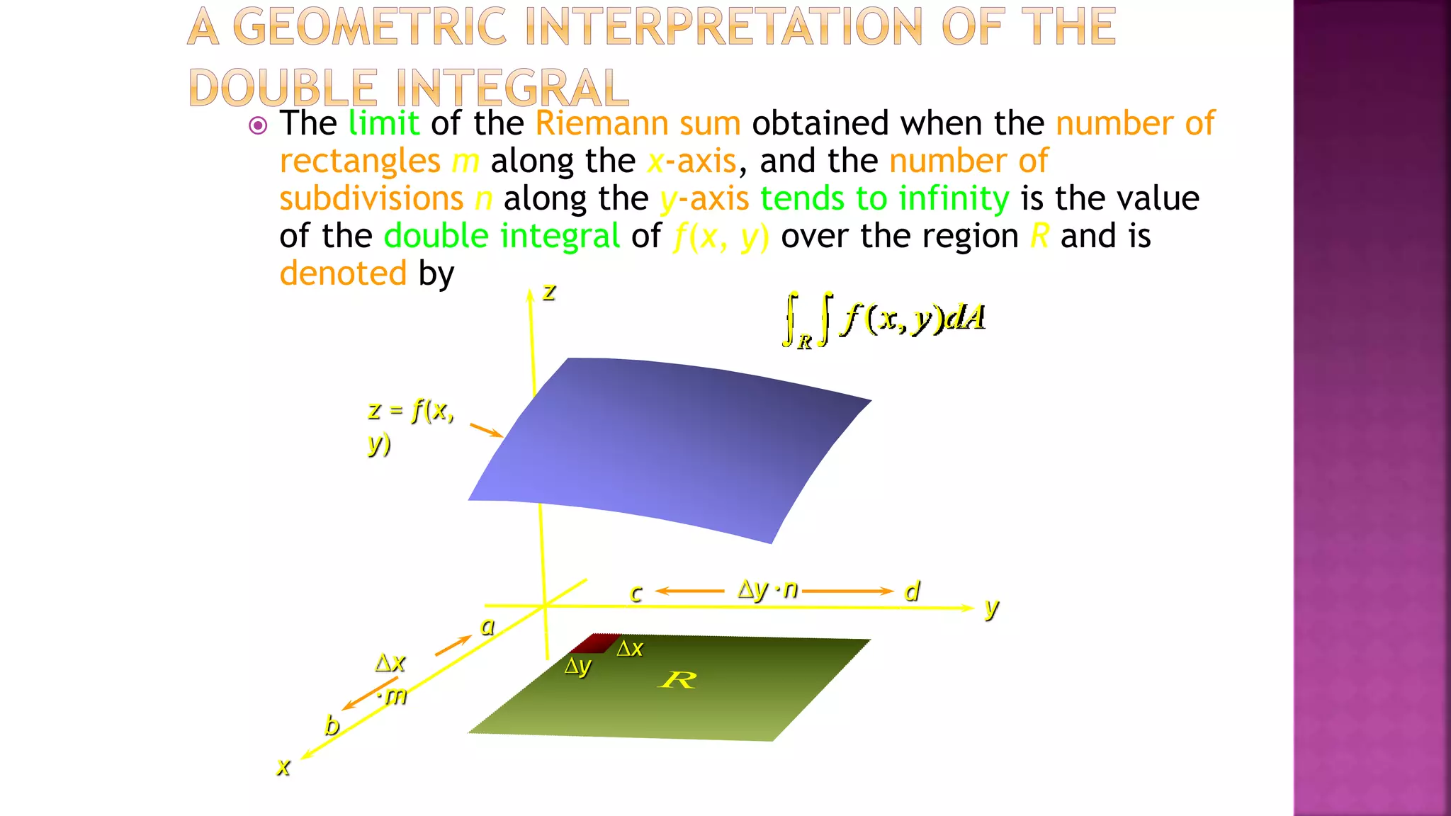 z
 The limit of the Riemann sum obtained when the number of
rectangles m along the x-axis, and the number of
subdivisions n along the y-axis tends to infinity is the value
of the double integral of f(x, y) over the region R and is
denoted by
z = f(x,
y)
y
x
a
b
c d
x
y
R
( , )
R
f x y dA
 
y ·n
x
·m
 