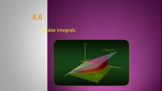 Double Integrals
z
x
y
2
1
y x
 
2
1
y x
 
R
z = f(x, y) = y
 