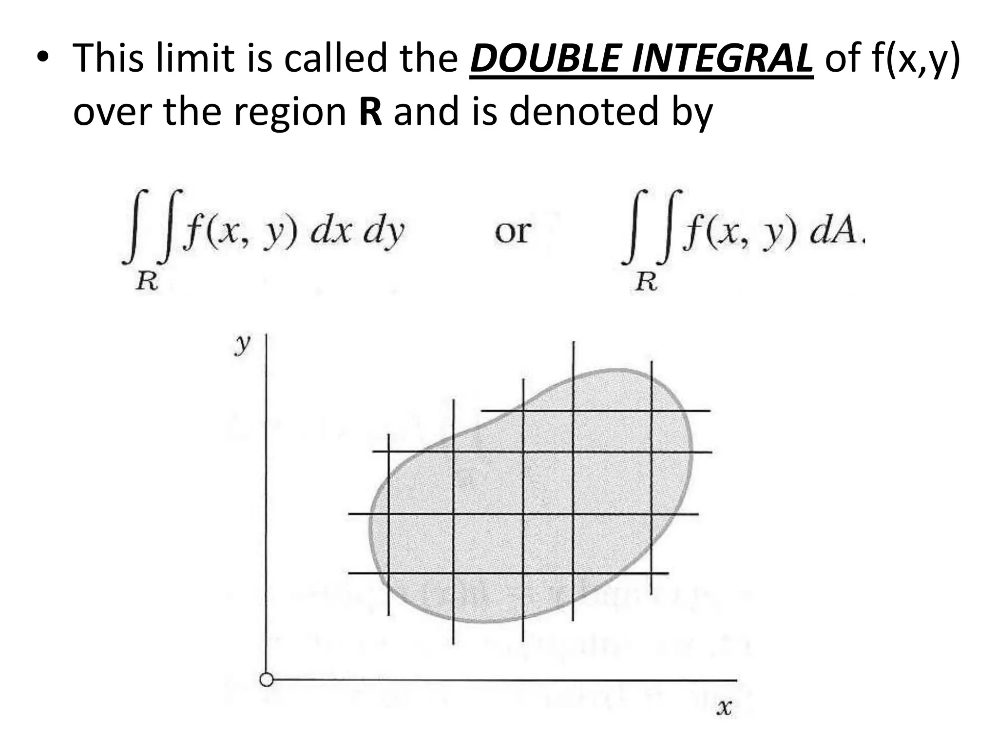 This limit is called the DOUBLE INTEGRAL of f(x,y) over the region R and is denoted by 