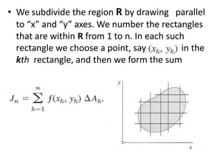 We subdivide the region Rby drawing   parallel to “x” and “y” axes. We number the rectangles that are within R from 1 to n. In each such rectangle we choose a point, say,               in the kth  rectangle, and then we form the sum