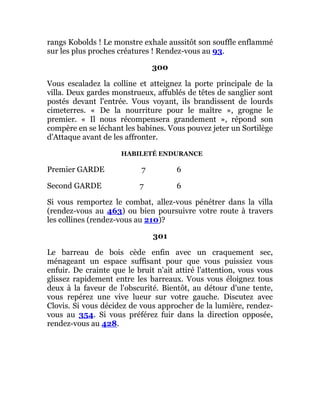 rangs Kobolds ! Le monstre exhale aussitôt son souffle enflammé
sur les plus proches créatures ! Rendez-vous au 93.
300
Vous escaladez la colline et atteignez la porte principale de la
villa. Deux gardes monstrueux, affublés de têtes de sanglier sont
postés devant l'entrée. Vous voyant, ils brandissent de lourds
cimeterres. « De la nourriture pour le maître », grogne le
premier. « Il nous récompensera grandement », répond son
compère en se léchant les babines. Vous pouvez jeter un Sortilège
d'Attaque avant de les affronter.
HABILETÉ ENDURANCE
Premier GARDE 7 6
Second GARDE 7 6
Si vous remportez le combat, allez-vous pénétrer dans la villa
(rendez-vous au 463) ou bien poursuivre votre route à travers
les collines (rendez-vous au 210)?
301
Le barreau de bois cède enfin avec un craquement sec,
ménageant un espace suffisant pour que vous puissiez vous
enfuir. De crainte que le bruit n'ait attiré l'attention, vous vous
glissez rapidement entre les barreaux. Vous vous éloignez tous
deux à la faveur de l'obscurité. Bientôt, au détour d'une tente,
vous repérez une vive lueur sur votre gauche. Discutez avec
Clovis. Si vous décidez de vous approcher de la lumière, rendez-
vous au 354. Si vous préférez fuir dans la direction opposée,
rendez-vous au 428.
 