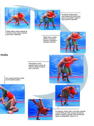 2                                                    3   Em seguida, Paulão ergue a
                                                                                             axila esquerda de Cacareco para
                                                                                             passar o seu quadril e segura o
                                                                                             braço direito do oponente




    Paulão segura o braço esquerdo de


                                                                                                                                   4
    Cacareco e recua a perna esquerda
    para evitar o double-leg
                                                               Paulão entra o quadril,
                                                               dando as costas para
                                                               Cacareco e mantendo o
                                                               adversário dominado




-mata
                                                                                                                               5
                                        Posicionando a perna
                                        esquerda entre as pernas de
                                        Cacareco, Paulão se prepara
                                        para o uchi-mata




   Com a queda terminada, Paulão
   já cai de guarda passada.




                            8                                                                                        6

                                                                         7
                                                                                   Na sequência, Paulão aplica o uchi-mata, elevando
                                                                                   a perna direita por entre as pernas de Cacareco,
                                                                                   girando o quadril e puxando o braço direito para
                                                                                   ajudar no desequilíbrio. (fotos 6 e 7)
 