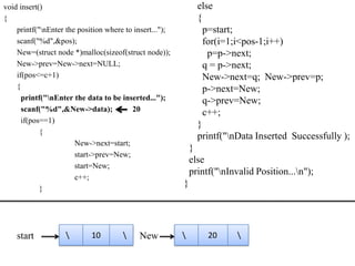 void insert()                                                  else
{                                                              {
    printf("nEnter the position where to insert...");           p=start;
    scanf("%d",&pos);                                            for(i=1;i<pos-1;i++)
    New=(struct node *)malloc(sizeof(struct node));               p=p->next;
    New->prev=New->next=NULL;                                    q = p->next;
    if(pos<=c+1)                                                 New->next=q; New->prev=p;
    {                                                            p->next=New;
      printf("nEnter the data to be inserted...");              q->prev=New;
      scanf("%d",&New->data);            20                      c++;
      if(pos==1)
                                                               }
            {
                                                               printf("nData Inserted Successfully );
                       New->next=start;
                                                             }
                       start->prev=New;
                                                             else
                       start=New;
                                                             printf("nInvalid Position...n");
                       c++;
            }
                                                         }




    start                  10             New                  20      
 