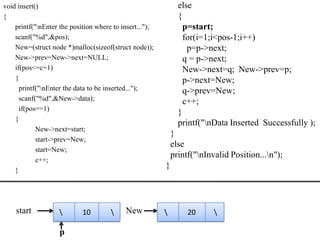 void insert()                                                  else
{                                                              {
    printf("nEnter the position where to insert...");           p=start;
    scanf("%d",&pos);                                            for(i=1;i<pos-1;i++)
    New=(struct node *)malloc(sizeof(struct node));               p=p->next;
    New->prev=New->next=NULL;                                    q = p->next;
    if(pos<=c+1)                                                 New->next=q; New->prev=p;
    {                                                            p->next=New;
      printf("nEnter the data to be inserted...");              q->prev=New;
      scanf("%d",&New->data);                                    c++;
      if(pos==1)
                                                               }
    {
                                                               printf("nData Inserted Successfully );
            New->next=start;
                                                             }
            start->prev=New;
                                                             else
            start=New;
                                                             printf("nInvalid Position...n");
            c++;
    }
                                                         }




    start                  10             New                  20      

                    p
 