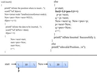 void insert()                                                  else
{                                                              {
    printf("nEnter the position where to insert...");           p=start;
    scanf("%d",&pos);                                            for(i=1;i<pos-1;i++)
    New=(struct node *)malloc(sizeof(struct node));               p=p->next;
    New->prev=New->next=NULL;                                    q = p->next;
    if(pos<=c+1)                                                 New->next=q; New->prev=p;
    {                                                            p->next=New;
      printf("nEnter the data to be inserted...");              q->prev=New;
      scanf("%d",&New->data);                                    c++;
      if(pos==1)
                                                               }
    {
                                                               printf("nData Inserted Successfully );
            New->next=start;
                                                             }
            start->prev=New;
                                                             else
            start=New;
                                                             printf("nInvalid Position...n");
            c++;
    }
                                                         }




    start                  10             New                  20      

                    p
 