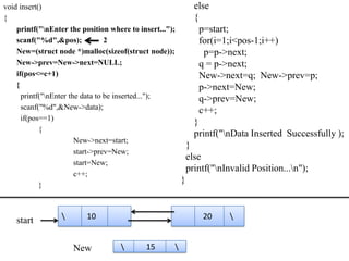 void insert()                                                  else
{                                                              {
    printf("nEnter the position where to insert...");           p=start;
    scanf("%d",&pos);             2                              for(i=1;i<pos-1;i++)
    New=(struct node *)malloc(sizeof(struct node));               p=p->next;
    New->prev=New->next=NULL;                                    q = p->next;
    if(pos<=c+1)                                                 New->next=q; New->prev=p;
    {                                                            p->next=New;
      printf("nEnter the data to be inserted...");              q->prev=New;
      scanf("%d",&New->data);                                    c++;
      if(pos==1)
                                                               }
            {
                                                               printf("nData Inserted Successfully );
                        New->next=start;
                                                             }
                        start->prev=New;
                                                             else
                        start=New;
                                                             printf("nInvalid Position...n");
                        c++;
            }
                                                         }



    start                10                                     20      


                      New                  15       
 
