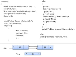 void insert()                                                      else
{                                                                  {
    printf("nEnter the position where to insert...");               p=start;
    scanf("%d",&pos);                                                for(i=1;i<pos-1;i++)
    New=(struct node *)malloc(sizeof(struct node));                   p=p->next;
    New->prev=New->next=NULL;                                        q = p->next;
    if(pos<=c+1)                                                     New->next=q; New->prev=p;
    {                                                                p->next=New;
      printf("nEnter the data to be inserted...");                  q->prev=New;
      scanf("%d",&New->data);                                        c++;
      if(pos==1)
                                                                   }
            {
                                                                   printf("nData Inserted Successfully );
                        New->next=start;
                                                                 }
                        start->prev=New;
                                                                 else
                        start=New;
                                                                 printf("nInvalid Position...n");
                        c++;
            }
                                                             }



    start                 10                                        20      


                       New                   15         
 