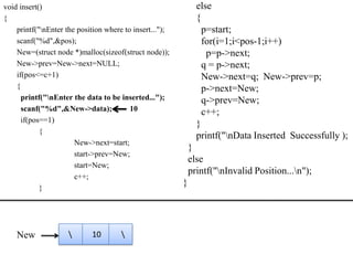 void insert()                                                  else
{                                                              {
    printf("nEnter the position where to insert...");           p=start;
    scanf("%d",&pos);                                            for(i=1;i<pos-1;i++)
    New=(struct node *)malloc(sizeof(struct node));               p=p->next;
    New->prev=New->next=NULL;                                    q = p->next;
    if(pos<=c+1)                                                 New->next=q; New->prev=p;
    {                                                            p->next=New;
      printf("nEnter the data to be inserted...");              q->prev=New;
      scanf("%d",&New->data);            10                      c++;
      if(pos==1)
                                                               }
            {
                                                               printf("nData Inserted Successfully );
                       New->next=start;
                                                             }
                       start->prev=New;
                                                             else
                       start=New;
                                                             printf("nInvalid Position...n");
                       c++;
            }
                                                         }




    New                    10        
 