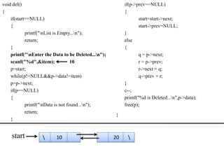 void del()                                                if(p->prev==NULL)
{                                                         {
    if(start==NULL)                                               start=start->next;
    {                                                             start->prev=NULL;
            printf("nList is Empty...n");               }
            return;                                       else
    }                                                     {
    printf("nEnter the Data to be Deleted...n");                q = p->next;
    scanf("%d",&item);              10                            r = p->prev;
    p=start;                                                      r->next = q;
    while(p!=NULL&&p->data!=item)                                 q->prev = r;
    p=p->next;                                            }
    if(p==NULL)                                           c--;
    {                                                     printf("%d is Deleted...n",p->data);
            printf("nData is not found...n");           free(p);
            return;
                                                     }
    }


    start                10                         20    
 
