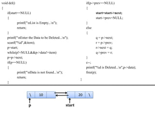void del()                                                   if(p->prev==NULL)
{                                                            {
    if(start==NULL)                                                  start=start->next;
    {                                                                start->prev=NULL;
            printf("nList is Empty...n");                  }
            return;                                          else
    }                                                        {
    printf("nEnter the Data to be Deleted...n");                   q = p->next;
    scanf("%d",&item);                                               r = p->prev;
    p=start;                                                         r->next = q;
    while(p!=NULL&&p->data!=item)                                    q->prev = r;
    p=p->next;                                               }
    if(p==NULL)                                              c--;
    {                                                        printf("%d is Deleted...n",p->data);
            printf("nData is not found...n");              free(p);
            return;
                                                        }
    }


                           10                          20    

                    p                           start
 