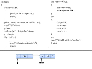 void del()                                                    if(p->prev==NULL)
{                                                             {
    if(start==NULL)                                                   start=start->next;
    {                                                                 start->prev=NULL;
            printf("nList is Empty...n");                   }
            return;                                           else
    }                                                         {
    printf("nEnter the Data to be Deleted...n");                    q = p->next;
    scanf("%d",&item);                                                r = p->prev;
    p=start;                                                          r->next = q;
    while(p!=NULL&&p->data!=item)                                     q->prev = r;
    p=p->next;                                                }
    if(p==NULL)                                               c--;
    {                                                         printf("%d is Deleted...n",p->data);
            printf("nData is not found...n");               free(p);
            return;
                                                          }
    }


                           10                          20    

                    p                           start
 