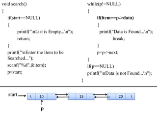 void search()                                   while(p!=NULL)
{                                               {
   if(start==NULL)                                   if(item==p->data)
   {                                                 {
         printf("nList is Empty...n");               printf("Data is Found...n");
         return;                                               break;
   }                                                 }
   printf("nEnter the Item to be                    p=p->next;
   Searched...");                               }
   scanf("%d",&item);                           if(p==NULL)
   p=start;                                     printf("nData is not Found...n");
                                           }


   start            10                    15                    20    


                     p
 
