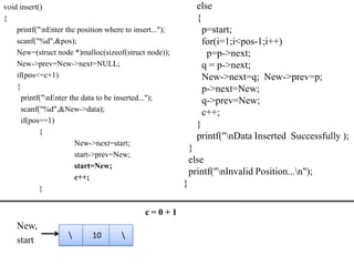 void insert()                                                  else
{                                                              {
    printf("nEnter the position where to insert...");           p=start;
    scanf("%d",&pos);                                            for(i=1;i<pos-1;i++)
    New=(struct node *)malloc(sizeof(struct node));               p=p->next;
    New->prev=New->next=NULL;                                    q = p->next;
    if(pos<=c+1)                                                 New->next=q; New->prev=p;
    {                                                            p->next=New;
      printf("nEnter the data to be inserted...");              q->prev=New;
      scanf("%d",&New->data);                                    c++;
      if(pos==1)
                                                               }
            {
                                                               printf("nData Inserted Successfully );
                        New->next=start;
                                                             }
                        start->prev=New;
                                                             else
                        start=New;
                                                             printf("nInvalid Position...n");
                        c++;
            }
                                                         }

                                             c=0+1
    New,
                           10        
    start
 