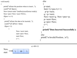 void insert()                                                  else
{                                                              {
    printf("nEnter the position where to insert...");           p=start;
    scanf("%d",&pos);                                            for(i=1;i<pos-1;i++)
    New=(struct node *)malloc(sizeof(struct node));               p=p->next;
    New->prev=New->next=NULL;                                    q = p->next;
    if(pos<=c+1)                                                 New->next=q; New->prev=p;
    {                                                            p->next=New;
      printf("nEnter the data to be inserted...");              q->prev=New;
      scanf("%d",&New->data);                                    c++;
      if(pos==1)
                                                               }
            {
                                                               printf("Data Inserted Successfully );
                        New->next=start;
                                                             }
                        start->prev=New;
                                                             else
                        start=New;
                                                             printf("n Invalid Position...n");
                        c++;
            }
                                                         }

                                             c=0+1
    New,
                           10        
    start
 