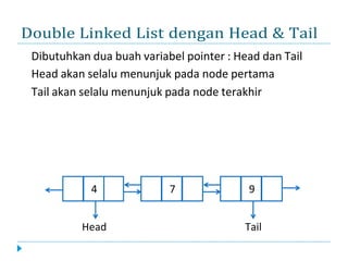 Double Linked List dengan Head & Tail
4 7 9
� Dibutuhkan dua buah variabel pointer : Head dan Tail
� Head akan selalu menu...