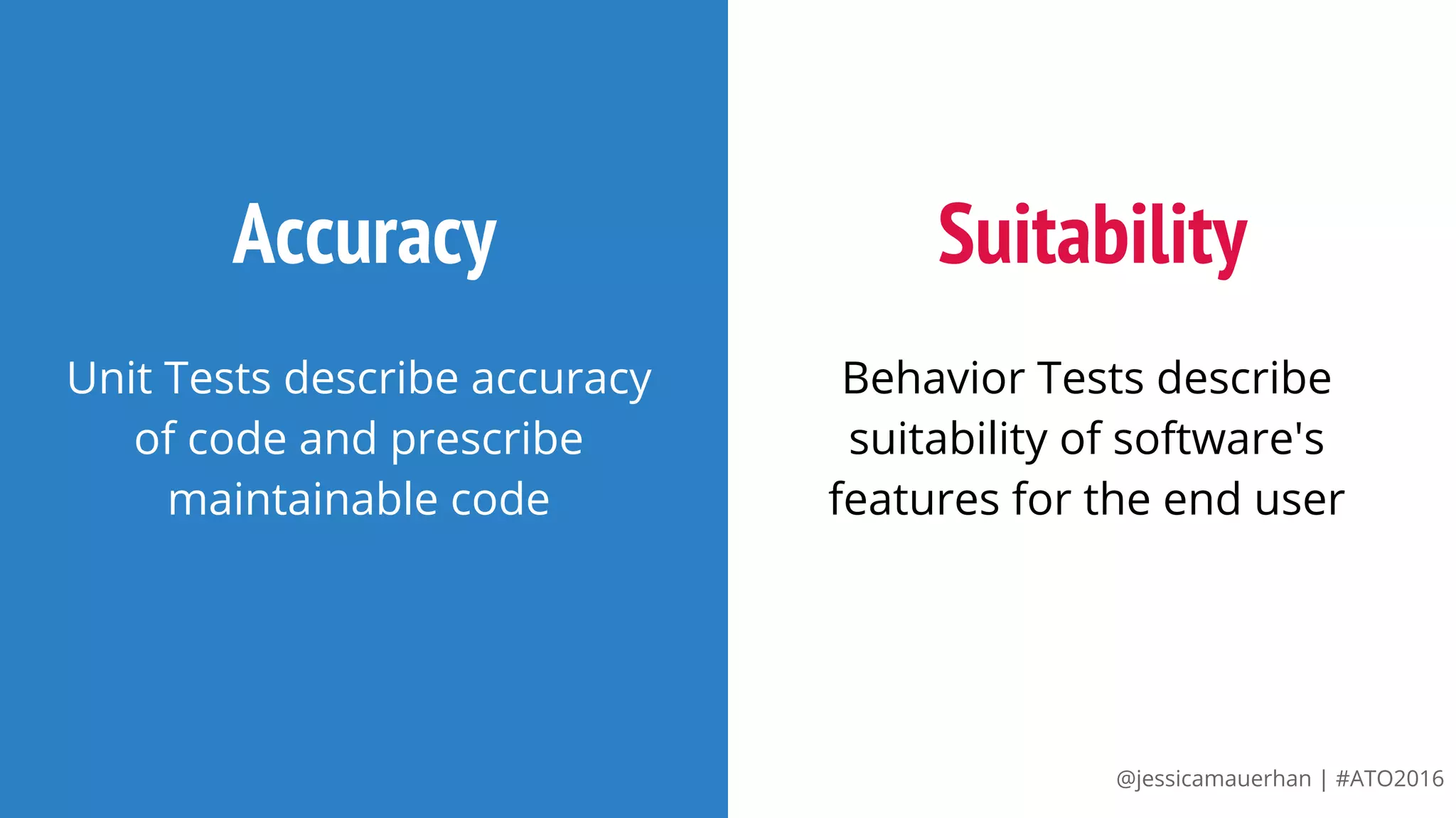 @jessicamauerhan | #ATO2016
Accuracy
Unit Tests describe accuracy
of code and prescribe
maintainable code
Suitability
Behavior Tests describe
suitability of software's
features for the end user
 