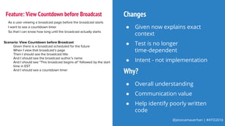 @jessicamauerhan | #ATO2016
As a user viewing a broadcast page before the broadcast starts
I want to see a countdown timer
So that I can know how long until the broadcast actually starts
Scenario: View Countdown before Broadcast
Given there is a broadcast scheduled for the future
When I view that broadcast’s page
Then I should see the broadcast title
And I should see the broadcast author’s name
And I should see "This broadcast begins at" followed by the start
time in EST
And I should see a countdown timer
Feature: View Countdown before Broadcast Changes
● Given now explains exact
context
● Test is no longer
time-dependent
● Intent - not implementation
Why?
● Overall understanding
● Communication value
● Help identify poorly written
code
 