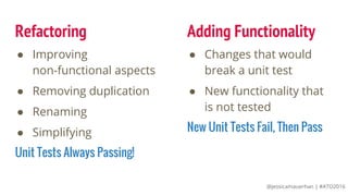 @jessicamauerhan | #ATO2016
Refactoring
● Improving
non-functional aspects
● Removing duplication
● Renaming
● Simplifying
Unit Tests Always Passing!
● Changes that would
break a unit test
● New functionality that
is not tested
New Unit Tests Fail, Then Pass
Adding Functionality
 