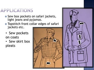 ApplicationsSew box pockets on safari jackets, light jeans and pyjamas.Topstitch front collar edges of safari jackets etc.  Sew pockets on coats
