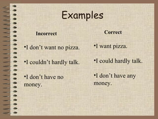 Examples 
Incorrect Correct 
•I don’t want no pizza. 
•I couldn’t hardly talk. 
•I don’t have no 
money. 
•I want pizza. 
•I could hardly talk. 
•I don’t have any 
money. 
 