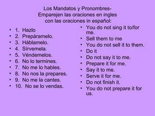 Los Mandatos y Pronombres- Emparejen las oraciones en ingles con las oraciones in espa ñ ol: 1. Hazlo 2. Prep á ramelo. 3. Há blamelo. 4. S í rvemela. 5. V é ndemelos. 6. No lo termines. 7. No me lo hables. 8. No nos la prepares. 9. No me la cantes. 10. No se lo vendas. You do not sing it to/for me. Sell them to me You do not sell it to them. Do it Do not say it to me. Prepare it for me. Say it to me. Serve it for me. Do not finish it. You do not prepare it for us.