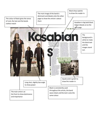 Black drop capitals
                                            The main image of the band is              to draw the reader in.
                                            dominant and bleeds onto the other
The colour of black gives the sense         page to show the article is about
of rock, the text and the bands             them
                                                                                              Kasabian in big bold black
clothes match
                                                                                              letters bleeds on to the
                                                                                              next page.



                                                                                                         The
                                                                                                         background is
                                                                                                         white to make
                                                                                                         the black text
                                                                                                         and the
                                                                                                         images stand
                                                                                                         out.




                                                                             Quote and in green to
                                                                             draw the reader in.
                          Long shot, slightly low angle
                          to show power
                                                           Black is consistently used
                                                           throughout the article, the band
       The main artist is at
                                                           wears black and the text is also the
       the front to show dominance
                                                           same colour.
       and importance
 