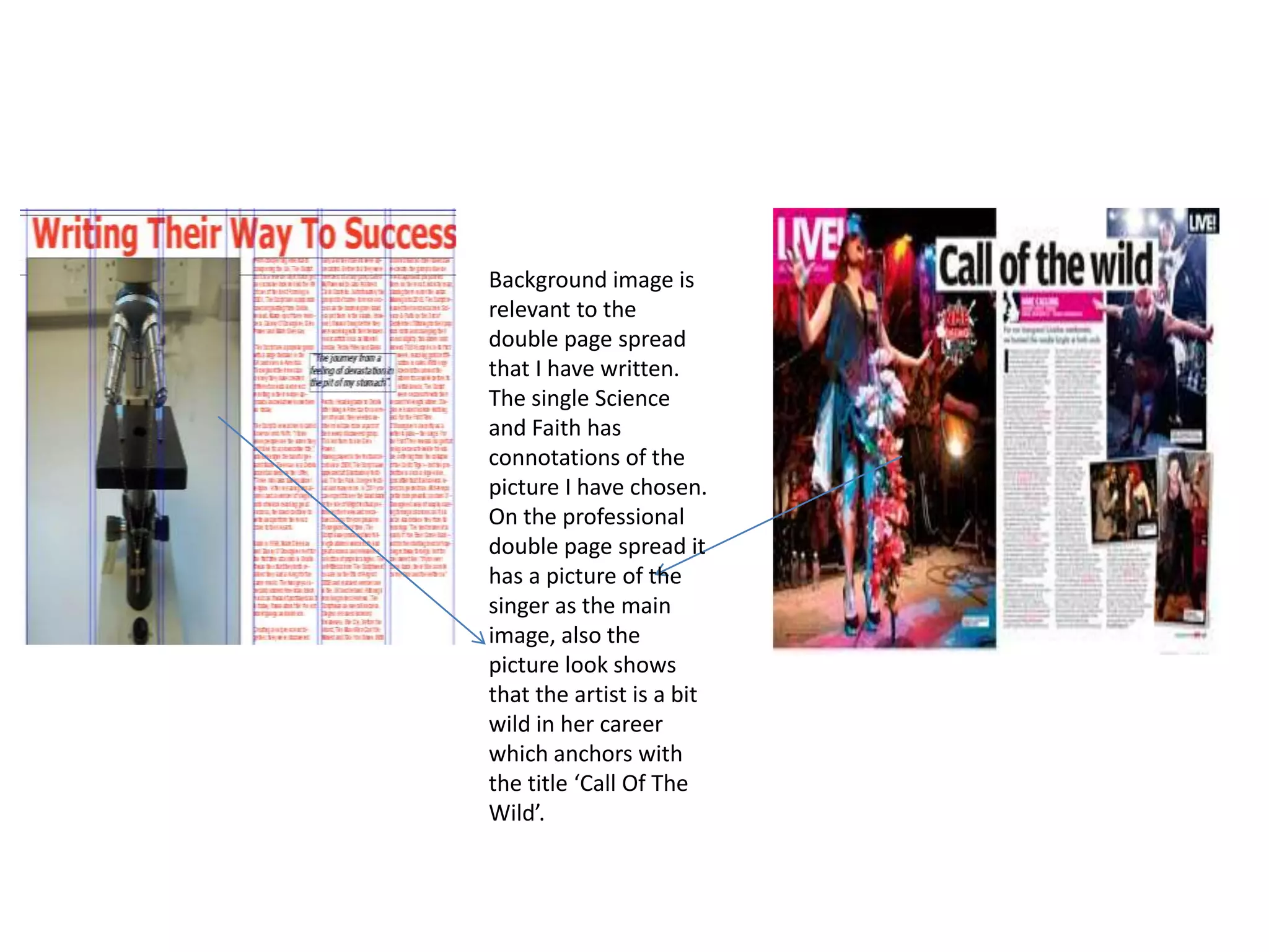 Background image is
relevant to the
double page spread
that I have written.
The single Science
and Faith has
connotations of the
picture I have chosen.
On the professional
double page spread it
has a picture of the
singer as the main
image, also the
picture look shows
that the artist is a bit
wild in her career
which anchors with
the title ‘Call Of The
Wild’.