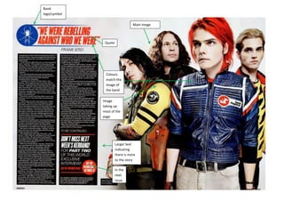 Main image
Quote
Larger text
indicating
there is more
to the story
In the
next
issue
Band
logo/symbol
Image
taking up
most of the
page
Colours
match the
image of
the band
 