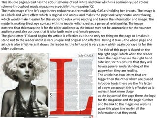 This double page spread has the colour scheme of red, white and blue which is a commonly used colour
scheme throughout mus...