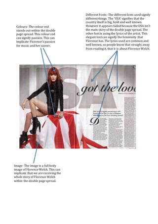 Image- The image is a full body
image of Florence Welch. This can
implicate that we are receiving the
whole story of Florence Welch
within the double page spread.
Different Fonts- The different fonts used signify
different things. The ‘USA’ signifies that the
country itself is big, bold and well known.
However it appears faded because the USA isn’t
the main story of the double page spread. The
other font is using the lyrics of the artist. This
elegant text can signify the femininity that
Florence has. The lyrics used are common and
well known, so people know that straight away
from reading it, that it is about Florence Welch.
Colours- The colour red
stands out within the double
page spread. This colour red
can signify passion. This can
implicate Florence’s passion
for music and her career.
 