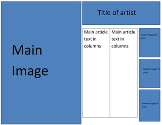 Main article
text in
columns
Main article
text in
columns
Title of artist
Main
Image
Smallerimagesof
artist
Smallerimagesof
artist
Smallerimagesof
artist
 