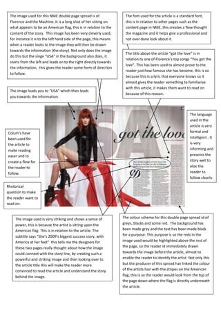 The image used for this NME double page spread is of                The font used for the article is a standard font,
 Florence and the Machine. It is a long shot of her sitting on       this is in relation to other pages such as the
 what appears to be an American flag, this is in relation to the     content page in NME, this creates a flow thought
 content of the story. This image has been very cleverly used,       the magazine and it helps give a professional and
 for instance it is to the left hand side of the page, this means    not over done look about it.
 when a reader looks to the image they will then be drawn
 towards the information (the story). Not only does the image
                                                                     The title above the article “got the love” is in
 do this but the singe “USA” in the background also does, it
                                                                     relation to one of Florence’s top songs “You got the
 starts from the left and leads on to the right directly towards
                                                                     love”. This has been used to almost prove to the
 the information, this gives the reader some form of direction
                                                                     reader just how famous she has become, this is so
 to follow.
                                                                     because this is a lyric that everyone knows so it
                                                                     almost gives the reader something to familiarise
                                                                     with this article, it makes them want to read on
 The image leads you to “USA” which then leads
                                                                     because of this reason.
 you towards the information.



                                                                                                              The language
                                                                                                              used in the
                                                                                                              article is very
Colum’s have                                                                                                  formal and
been used for                                                                                                 intelligent . It
the article to                                                                                                is very
make reading                                                                                                  informing and
easer and to                                                                                                  presents the
create a flow for                                                                                             story well to
the reader to                                                                                                 aloe the
follow.                                                                                                       reader to
                                                                                                              follow clearly.

Rhetorical
question to make
the reader want to
read on.


    The image used is very striking and shows a sense of            The colour scheme for this double page spread id of
    power, this is because the artist is sitting upon the           greys, blacks and some red. The background has
    American flag. This is in relation to the article. The          been made grey and the text has been made black
    subtitle says “She’s 2009’s biggest success story, with         for a purpose. This purpose is so the reds in the
    America at her feet” this tells me the designers for            image used would be highlighted above the rest of
    these two pages really thought about how the image              the page, so the reader id immediately drawn
    could connect with the story line, by creating such a           towards the image before the article, almost to
    powerful and striking image and then looking over to            enable the reader to identify the artist. Not only this
    the article title this will make the reader more                but the producer of this spread has linked the colour
    convinced to read the article and understand the story          of the artists hair with the stripes on the American
    behind the image.                                               flag, this is so the reader would look from the top of
                                                                    the page down where the flag is directly underneath
                                                                    the article.
 