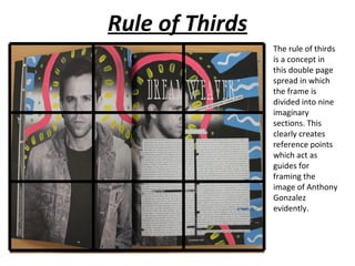 Rule of Thirds
                 The rule of thirds
                 is a concept in
                 this double page
                 spread in which
                 the frame is
                 divided into nine
                 imaginary
                 sections. This
                 clearly creates
                 reference points
                 which act as
                 guides for
                 framing the
                 image of Anthony
                 Gonzalez
                 evidently.
 