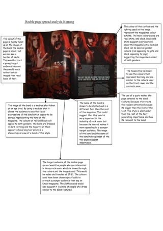 Double page spread analysis-Kerrang
                                                                                                         The colour of the clothes and the
                                                                                                         lighting used on the image
                                                                                                         represent the magazines colour
                                                                                                         scheme. The main colours used are
The layout of the                                                                                        red, white, and black. Black and
page is mainly taken                                                                                     white suggest a serious tone
up of the image of                                                                                       about the magazine while red and
the band the double                                                                                      black can be seen as gender
page is about, but                                                                                       colours (red appealing to girls and
we also see a                                                                                            black appealing to boys)
border of skulls.                                                                                        suggesting the magazines aimed
This would attract                                                                                       at both genders.
a young target
audience because
they would much
                                                                                                           The house style is shown
rather look at
                                                                                                           to use the colours that
images then read
                                                                                                           represent Kerrang and are
loads of text.
                                                                                                           similar to the colours used
                                                                                                           on the front cover and the
                                                                                                           contents page.



                                                                                                       The use of a quote makes the
                                                                                                       page personal to the band
                                                                                                       featured because it attracts
                                                                        The name of the band is
    The image of the band is a medium shot taken                                                       the readers attention because
                                                                        shown to be slanted and in a
    at an eye level. By using a medium shot it                                                         its bigger then the rest of the
                                                                        different font then the rest
    allows the audience to see the facial                                                              text. The style is also bolder
                                                                        of the magazine. This could
    expressions of the band which appear to be                                                         then the rest of the text
                                                                        suggest that this band is
    serious representing the tone of the                                                               generating importance and how
                                                                        very important in the
    magazine. The colours of red and black will                                                        its relevant to the band.
                                                                        industry of rock music but
    appeal to both genders. The band are dressed                        because its slanted makes it
    in dark clothing and the majority of them                           more appealing to a younger
    appear to have long hair which is a                                 target audience. The image
    stereotypical view of a band of this style.                         of the band and the name of
                                                                        the band take up most of the
                                                                        two pages suggest
                                                                        importance.




                                    The target audience of the double page
                                    spread would be people who are interested
                                    in heavy rock music which is shown through
                                    the colours and the images used. This would
                                    be males and females of 17-21. The colours
                                    used have been chosen specifically to
                                    attract a younger audience then say an
                                    Uncut magazine. The clothes used would
                                    also suggest it is aimed at people who dress
                                    similar to the band featured.
 