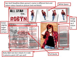 San-Serif Headline-Main person's name in different font and
                                                                        White Space
     colour-colour based on picture (red and black)




                                                                                      Image
                                                                                      taking
Kicker-                                                                               up 2
slightly                                                                              colum
larger                                                                                ns
differe
nt font




  Body Q&A text (Q in black-A in red)-
                                                           Pull Quote
  3 columns-point 10?-san-serif
 