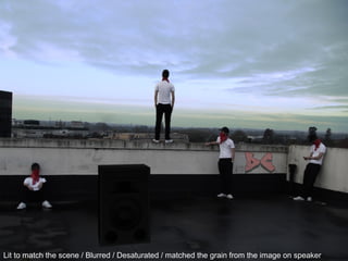 Lit to match the scene / Blurred / Desaturated / matched the grain from the image on speaker