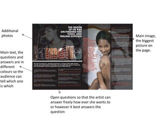 Additional
photos                                                   Main image,
                                                         the biggest
                                                         picture on
                                                         the page.
Main text, the
questions and
answers are in
different
colours so the
audience can
tell which one
is which

                 Open questions so that the artist can
                 answer freely how ever she wants to
                 or however it best answers the
                 question
 