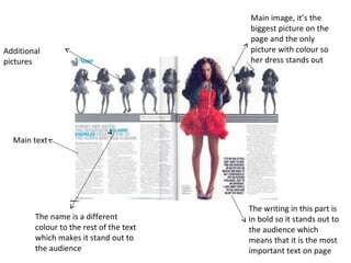 Main image, it’s the
                                         biggest picture on the
                                         page and the only
Additional                               picture with colour so
pictures                                 her dress stands out




  Main text




                                         The writing in this part is
        The name is a different          in bold so it stands out to
        colour to the rest of the text   the audience which
        which makes it stand out to      means that it is the most
        the audience                     important text on page
 