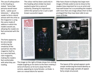 The use of colloquialism       The colour red has been used only in          Vibe have chosen to display two large main
in the heading as              the heading where drake has been              images of Drake aside to one to show to the
stated; ‘ Some fake            quoted to give him a sense of                 readers how important he is as an artist and
persona would never            authority, showing his importance             how well known he is so providing the readers
work... I grew up on           within the spread as he is such a well        with more than one image allows them to feel
television..’ allows the       known successful rapper.                      privileged that they have been able to see
reader to form a bond                                                        more of Drake .
almost with the artist as
the magazine is using
the same mode of
address in which the
readers would use,
allowing the readers to
feel connected with the
artist.


The fonts appear to
be very simple
reinforcing the
simplicity of the
spread but also the
magazine itself as
its a very laid back ,
clam magazine,
making the readers
feel comfortable
with what they are The image on the right of Drake shows him smiling
reading.               maybe laughing as he stares to the floor creating a       The layout of the spread appears quite
                       sense of shyness as he turns away from the                simple reinforcing the brand identity as
                       camera, appealing to many females as Drake is             Vibe’s double page spreads all appear
                       seen as a sexual desire for women                         fairly simple structured.
 