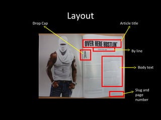 Layout
Drop Cap            Article title




                            By line



                                Body text




                              Slug and
                              page
                              number
 