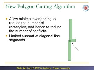 New Polygon Cutting Algorithm Allow minimal overlapping to reduce the number of rectangles, and hence to reduce the number of conflicts. Limited support of diagonal line segments 