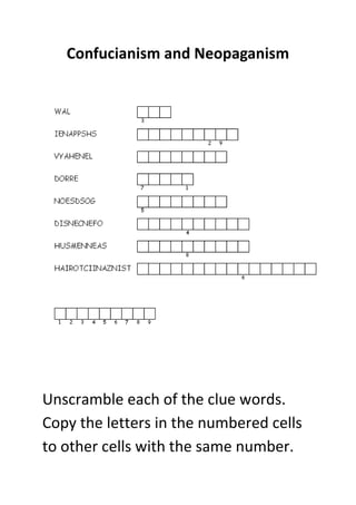 Confucianism and Neopaganism




Unscramble each of the clue words.
Copy the letters in the numbered cells
to other cells with the same number.
 