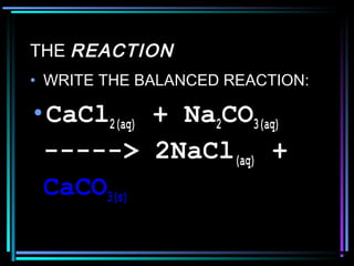 THE REACTION
• WRITE THE BALANCED REACTION:
•CaCl2(aq) + Na2CO3(aq)
-----> 2NaCl(aq) +
CaCO3(s)
 