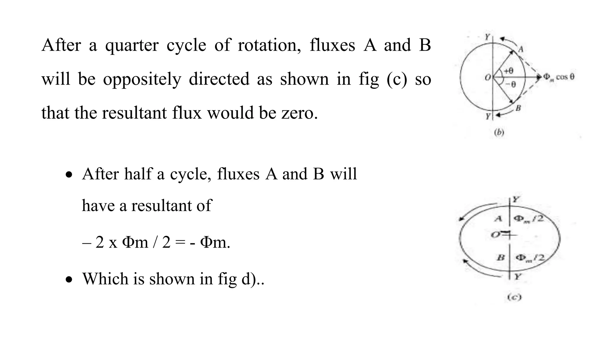 After a quarter cycle of rotation, fluxes A and B
will be oppositely directed as shown in fig (c) so
that the resultant flux would be zero.
 After half a cycle, fluxes A and B will
have a resultant of
– 2 x Φm / 2 = - Φm.
 Which is shown in fig d)..
 