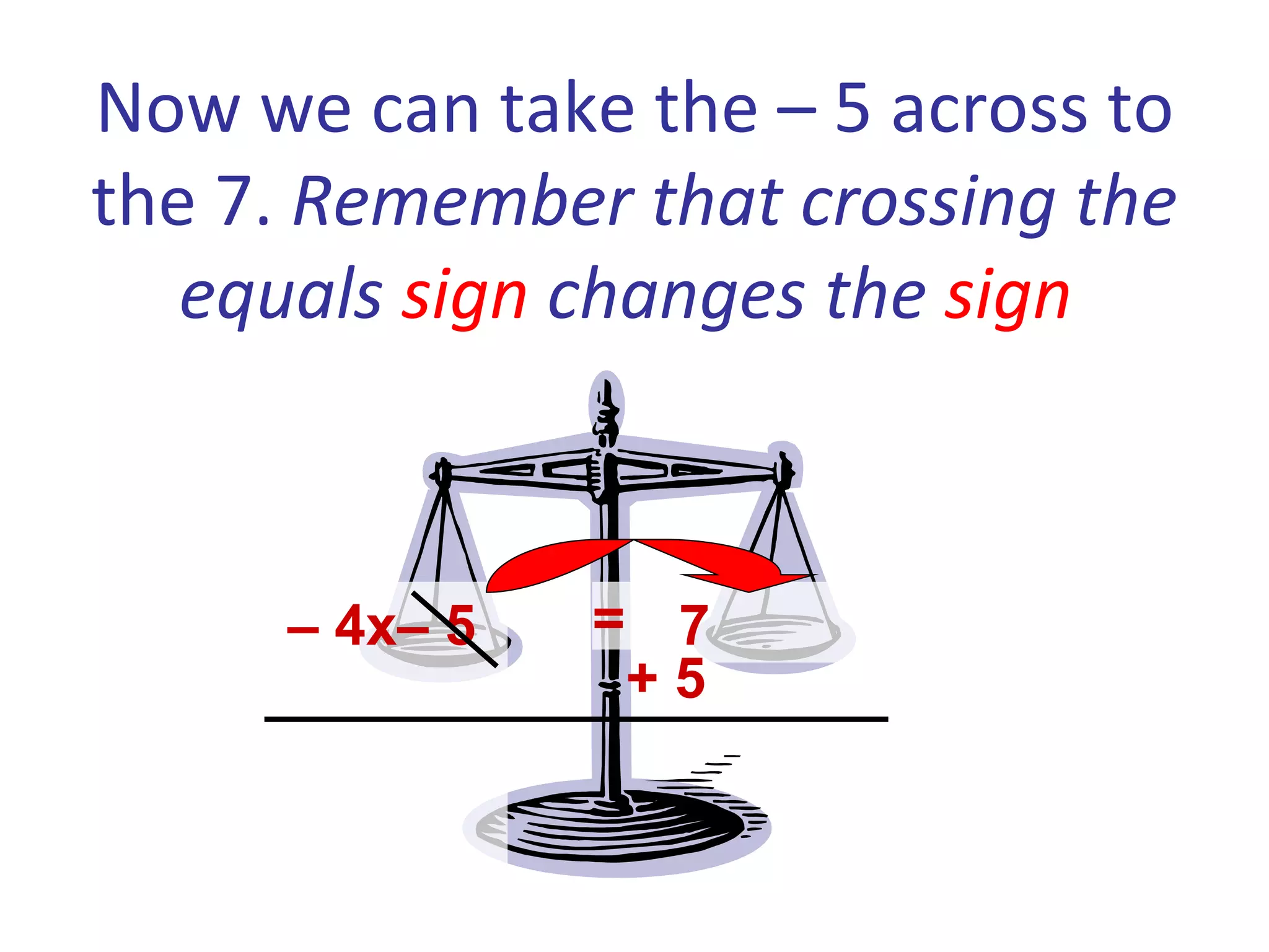 Now we can take the – 5 across to the 7. Remember that crossing the equals sign changes the sign – 4x– 5 7 = + 5