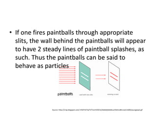 • If one fires paintballs through appropriate
slits, the wall behind the paintballs will appear
to have 2 steady lines of paintball splashes, as
such. Thus the paintballs can be said to
behave as particles
Source: http://2.bp.blogspot.com/-H5EP1hTIqTY/TmzYrE9C5iI/AAAAAAAAALo/43A1LBKLUaI/s1600/youngexp2.gif
paintballs
 