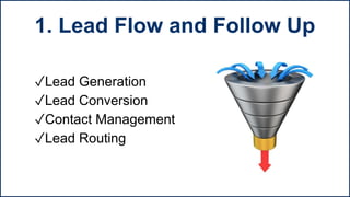 ✓Lead Generation
✓Lead Conversion
✓Contact Management
✓Lead Routing
1. Lead Flow and Follow Up
 