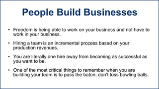 • Freedom is being able to work on your business and not have to
work in your business.
• Hiring a team is an incremental process based on your
production revenues.
• You are literally one hire away from becoming as successful as
you want to be.
• One of the most critical things to remember when you are
building your team is to pass the baton; don’t toss bowling balls.
People Build Businesses
 