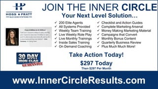 JOIN THE INNER CIRCLE
www.InnerCircleResults.com
 200 Elite Agents
 All Systems Provided
 Weekly Team Training
 Live Weekly Role Play
 Live Monthly Trainings
 Inside Sales Training
 On Demand Coaching
 Checklist and Action Guides
 Complete Marketing Arsenal
 Money Making Marketing Material
 Campaigns that Convert
 Monthly Bonus Content
 Quarterly Business Review
 Plus Much Much More!
Your Next Level Solution…
$297 Today
Then $297 Per Month
Take Action Today!
 