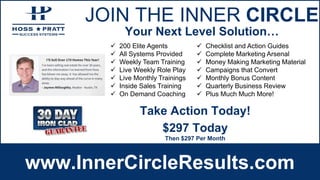 JOIN THE INNER CIRCLE
www.InnerCircleResults.com
 200 Elite Agents
 All Systems Provided
 Weekly Team Training
 Live Weekly Role Play
 Live Monthly Trainings
 Inside Sales Training
 On Demand Coaching
 Checklist and Action Guides
 Complete Marketing Arsenal
 Money Making Marketing Material
 Campaigns that Convert
 Monthly Bonus Content
 Quarterly Business Review
 Plus Much Much More!
Your Next Level Solution…
$297 Today
Then $297 Per Month
Take Action Today!
 